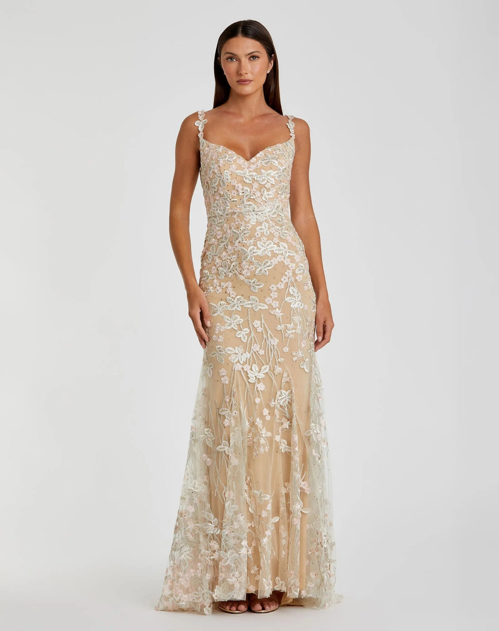 Beige Floral Embroidered Tulle Trumpet Gown - FINAL SALE