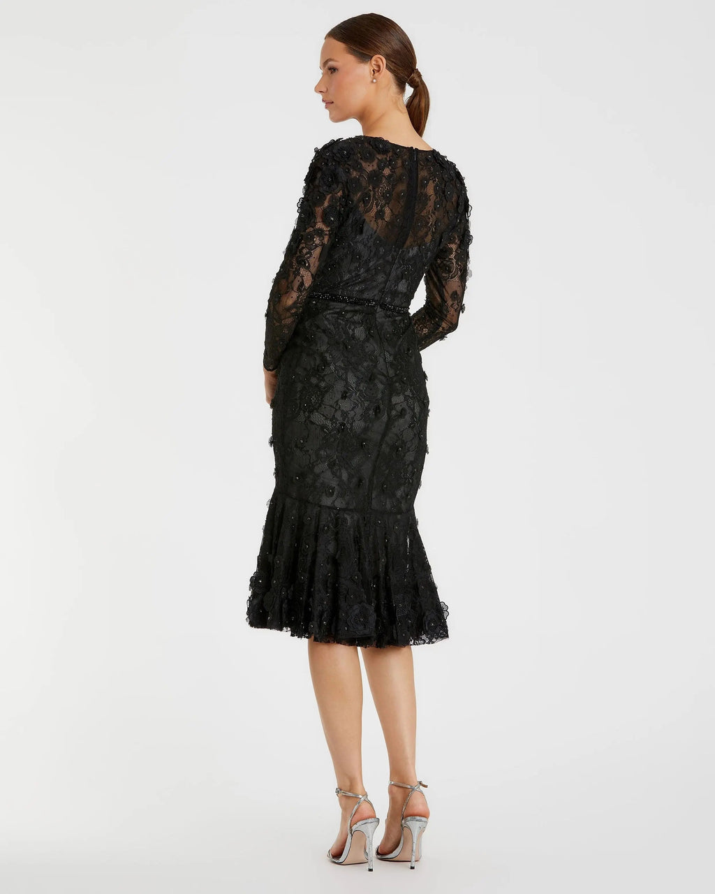 Black Floral Appliqué Long Sleeve Cocktail Dress