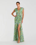 Green Faux Wrap Embroidered Cap Sleeve Gown