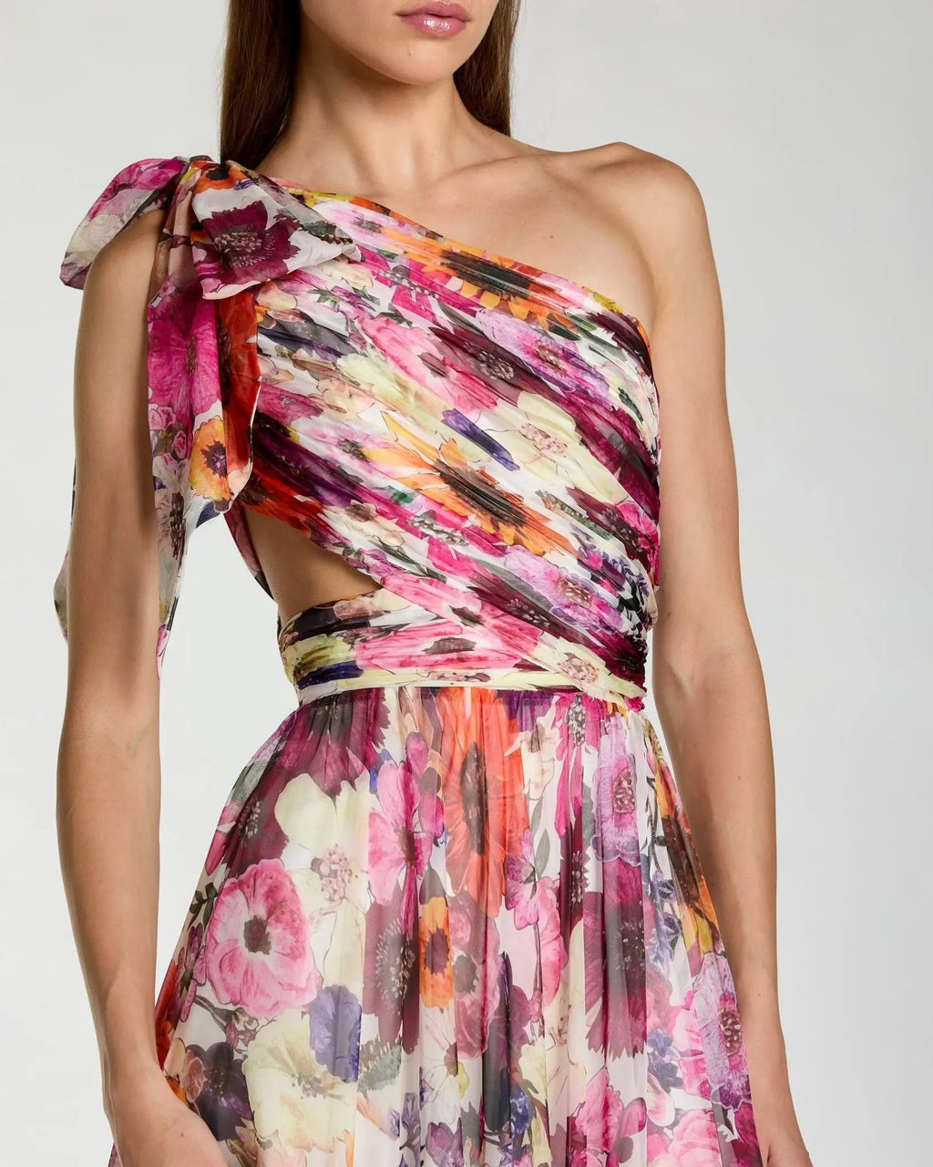 Multicolor One Shoulder Floral Printed Chiffon Side Cut Out Gown