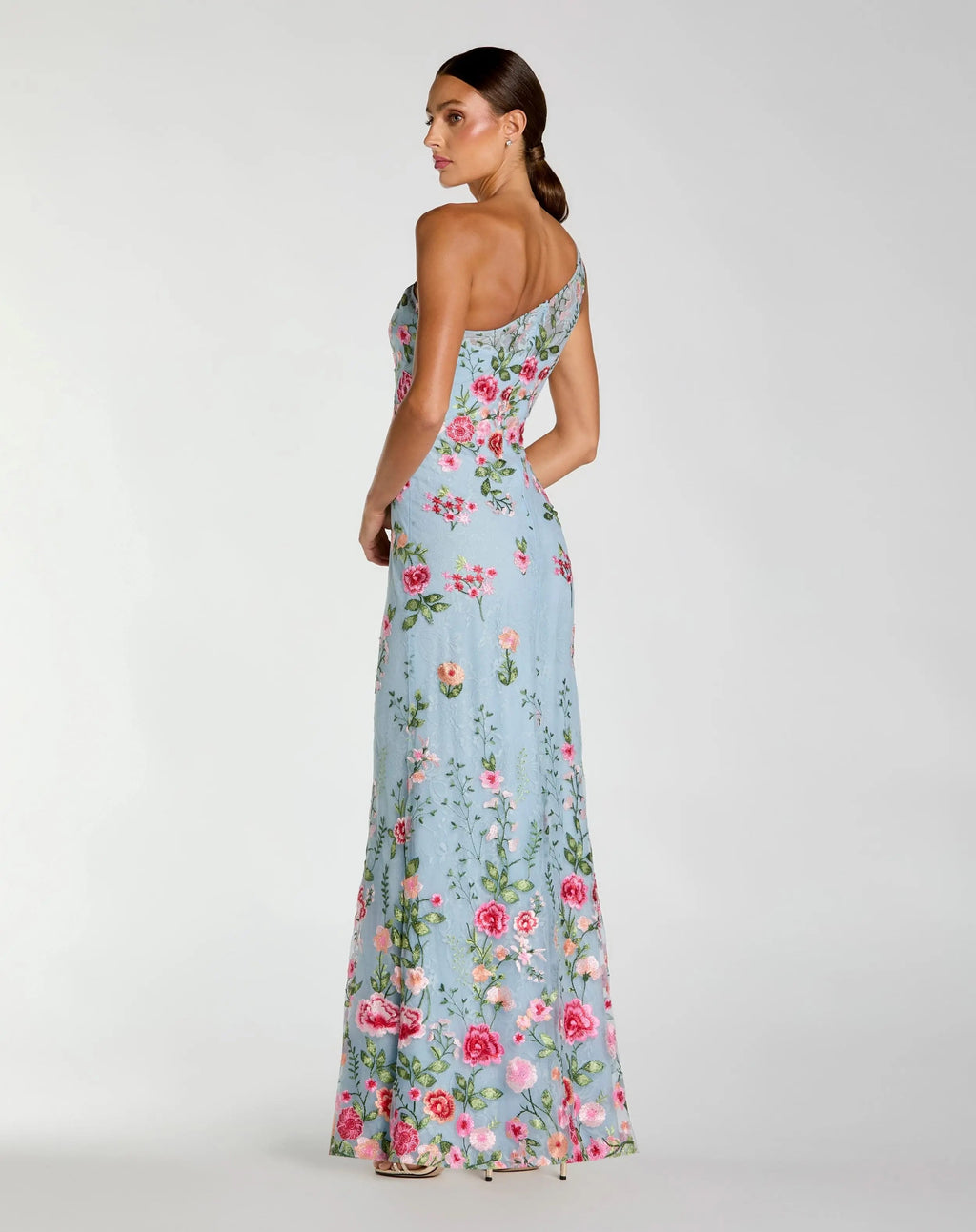 Blue One Shoulder Floral Embroidered Gown