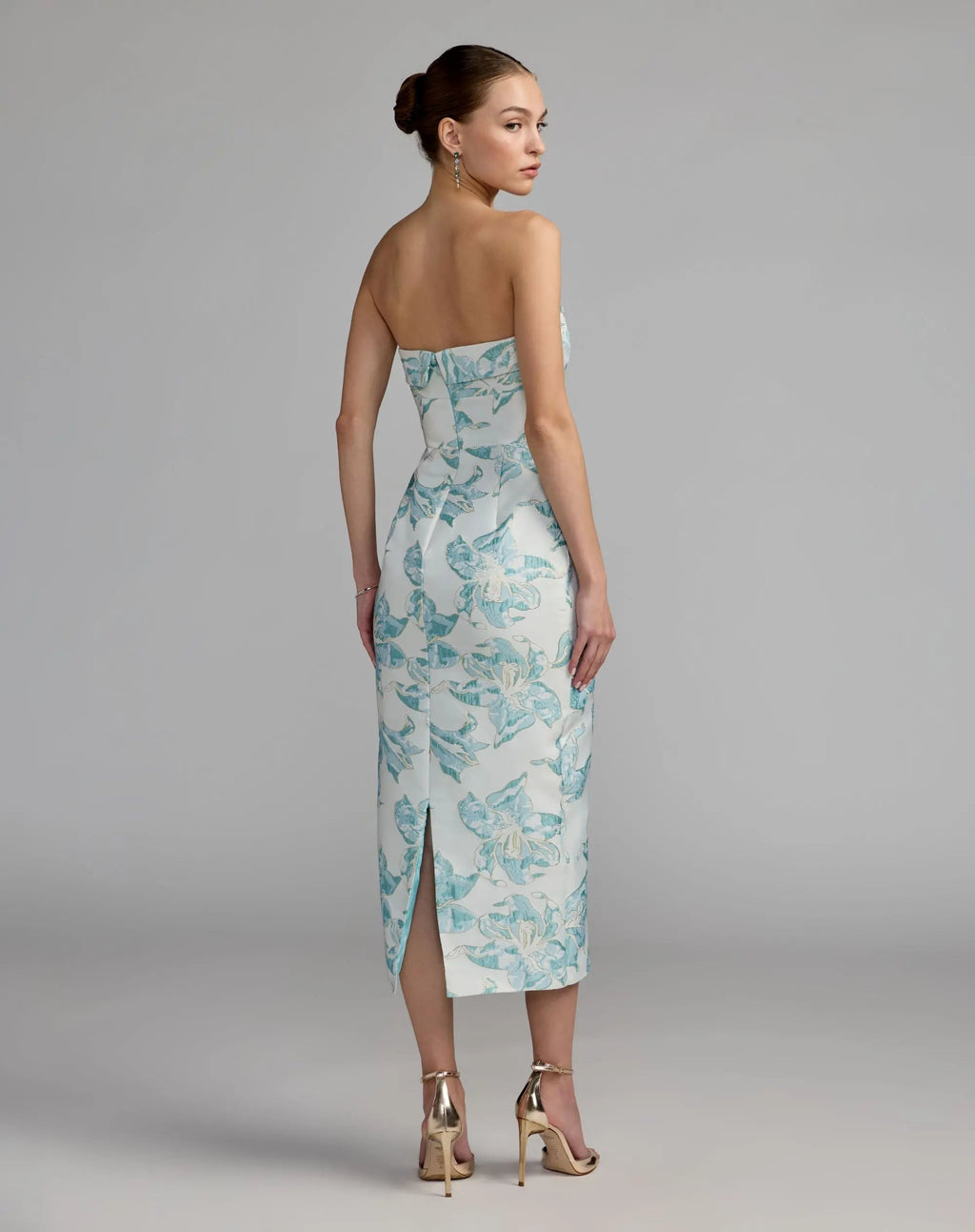 Blue and White Strapless Brocade Sheath Midi Dress