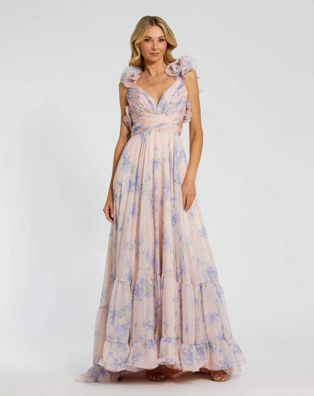 Light Pink Ruffle Tiered Cut-Out Chiffon Floral Gown