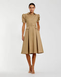 Beige Puff Sleeve Belted Midi Shirt Dress