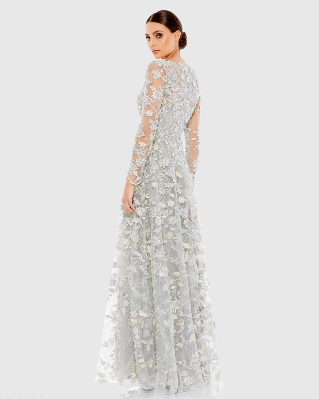 Gray Floral Applique Long Sleeve Illusion Gown