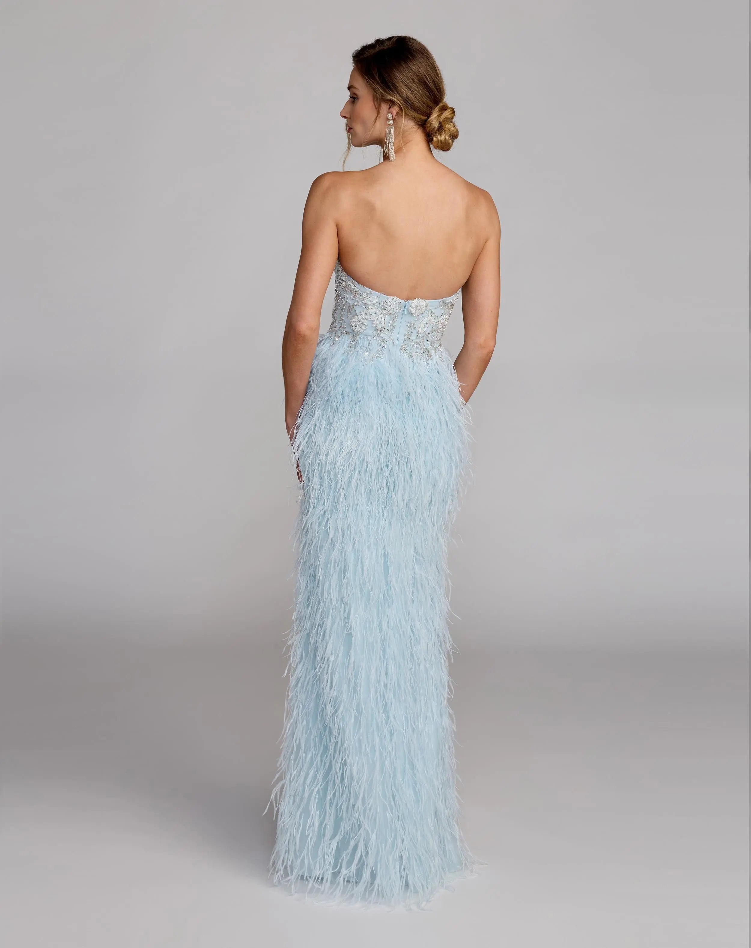 Blue Embellished Strapless Feather Gown