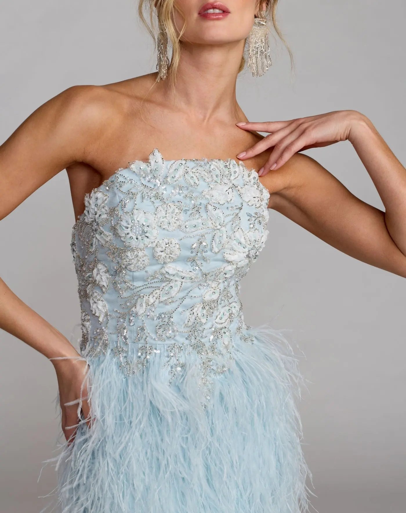 Blue Embellished Strapless Feather Gown