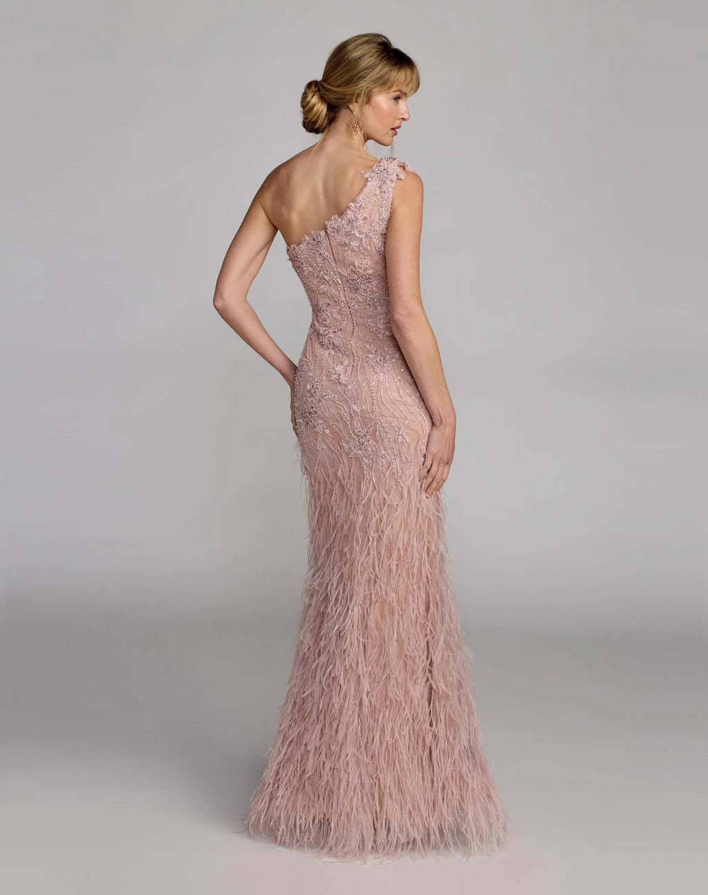 Pink Embellished Lace One Shoulder Feather Gown