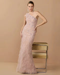 Pink Embellished Lace One Shoulder Feather Gown