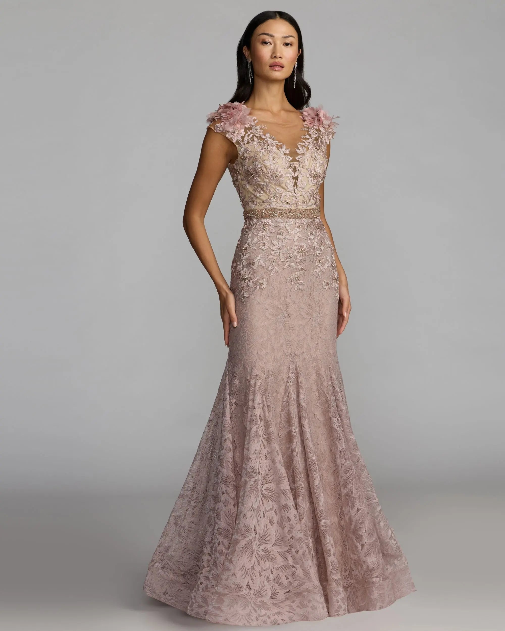 Pink Embellished Lace Illusion Neck Gown With 3D Flowers