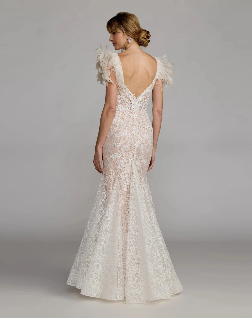 Ivory Embroidered Lace Mermaid Gown With Feather Sleeves