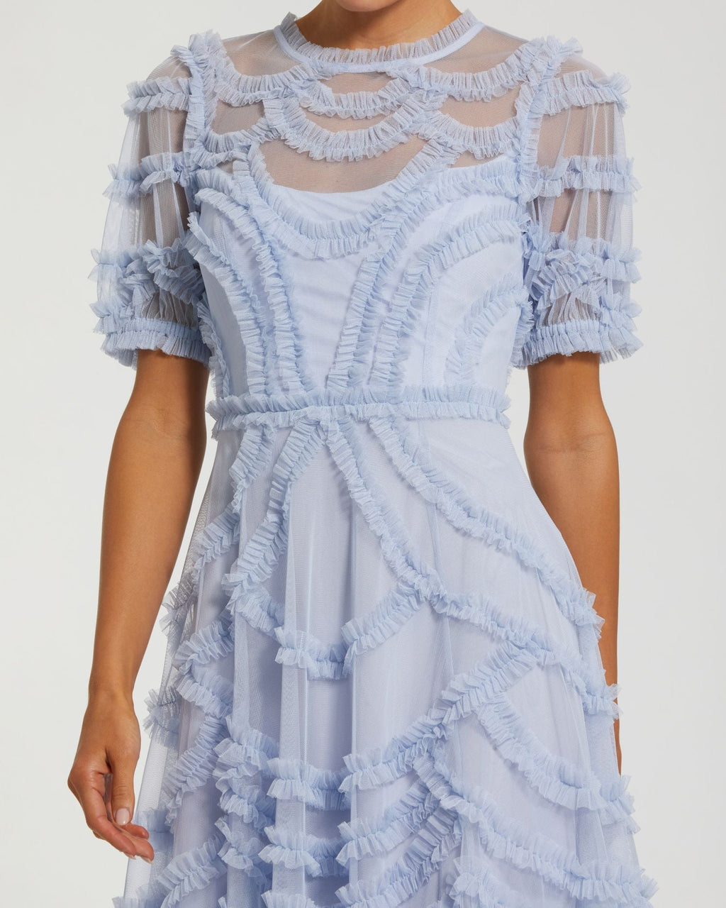 Blue High Neck Short Sleeve Ruffled Midi Dress