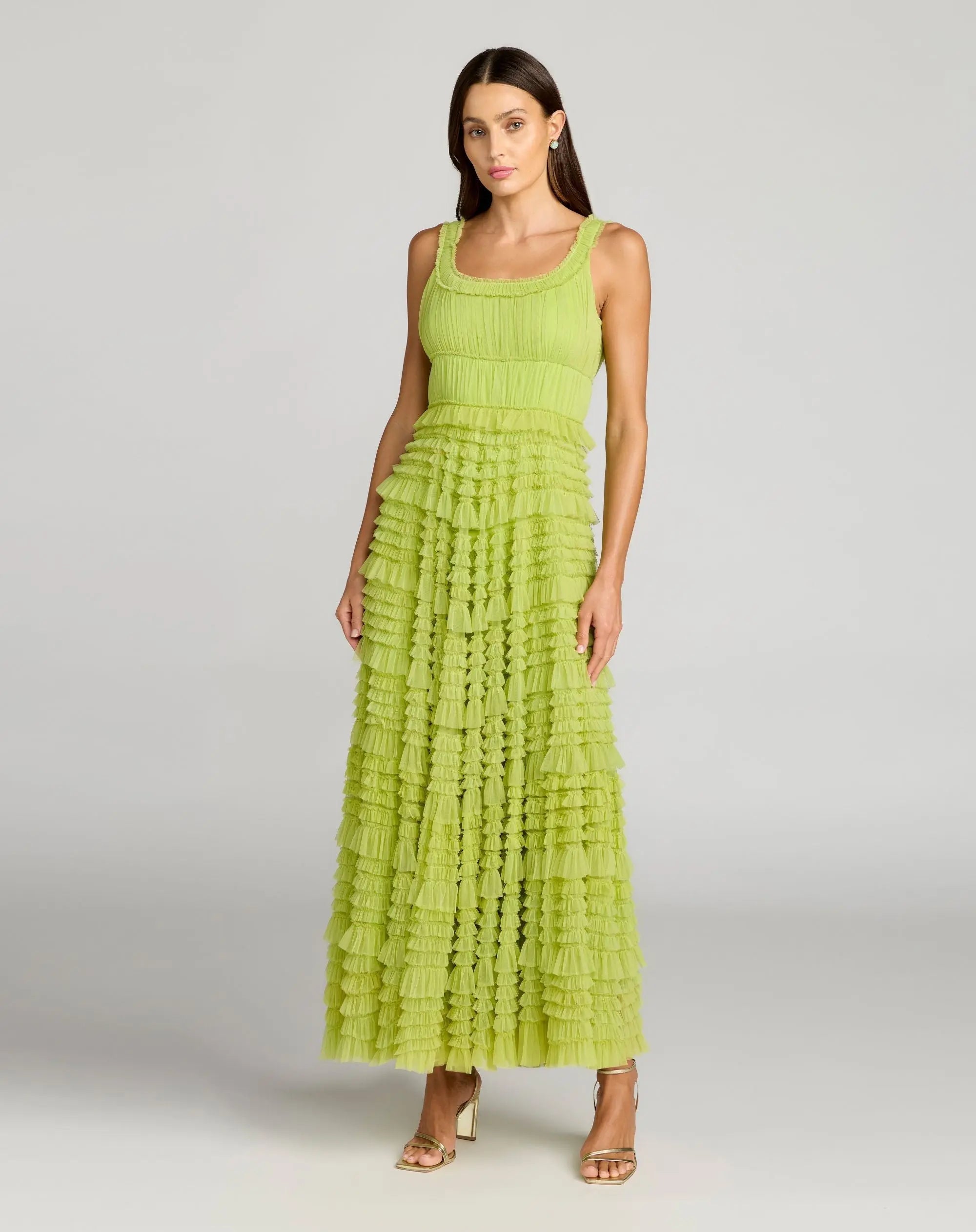 Green Micro Ruffle Sleeveless Scoop Neck Maxi Dress