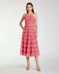 Pink Floral Strapless Ruffle Midi Dress