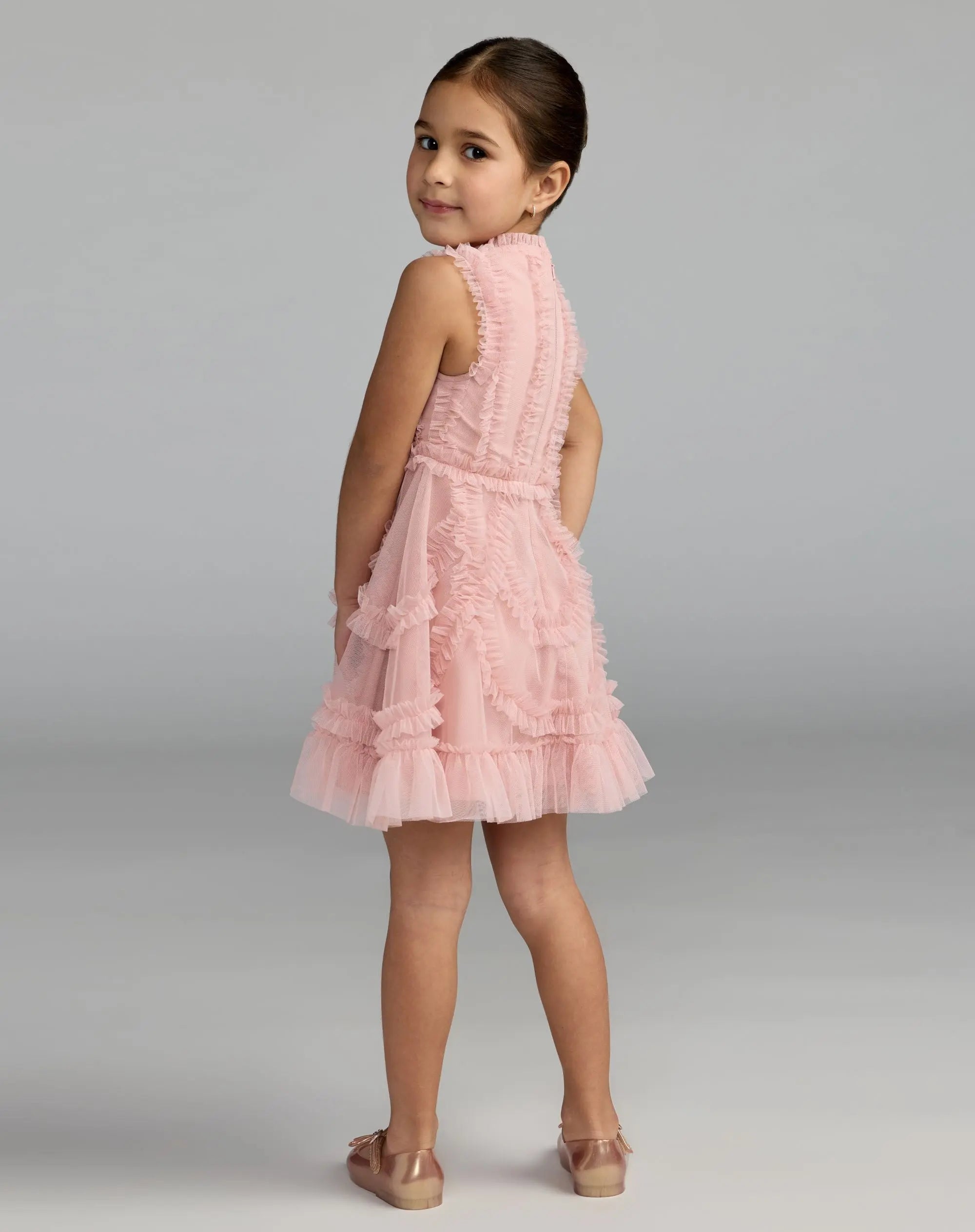 Girls Pink High Neck Sleeveless Micro Ruffle Mini Dress