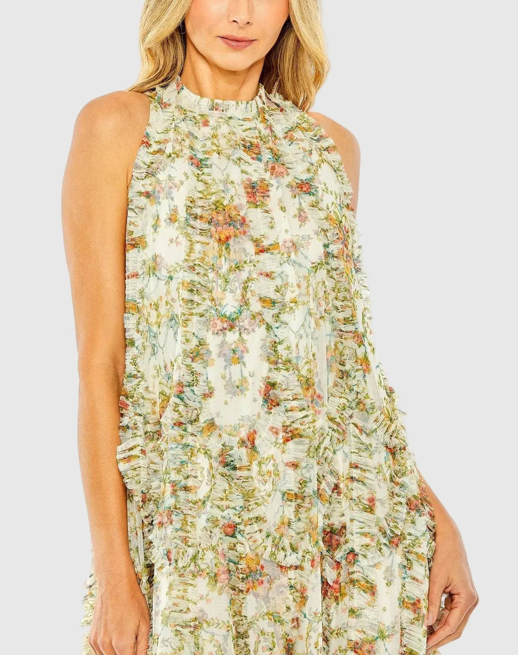 Ivory Sleeveless High Neck Ruffle Floral Dress