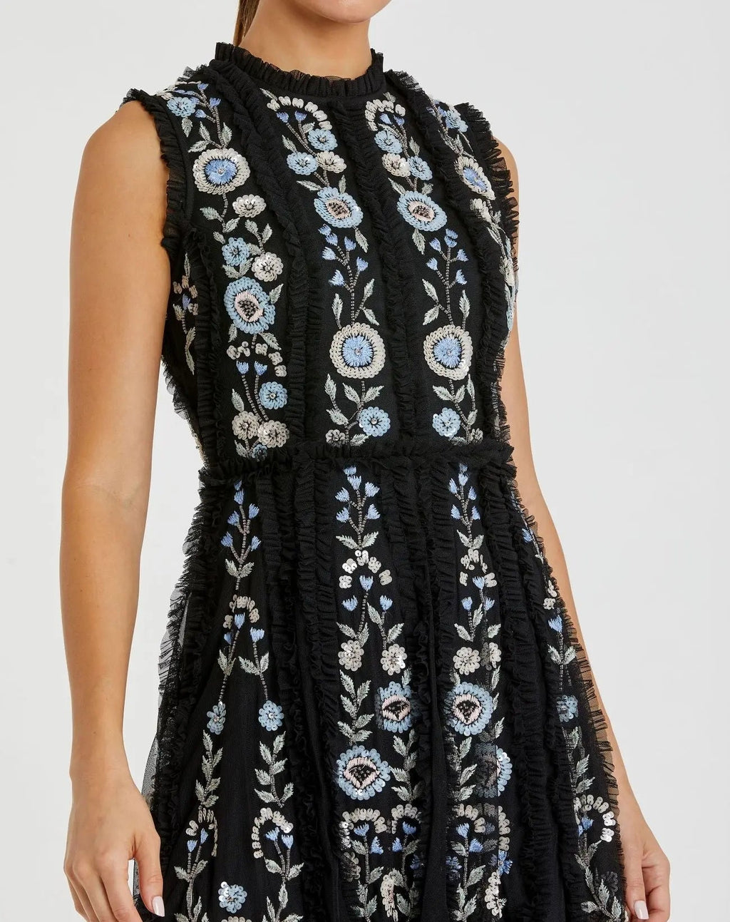Black Sleeveless High Neck Embroidered Mini Dress