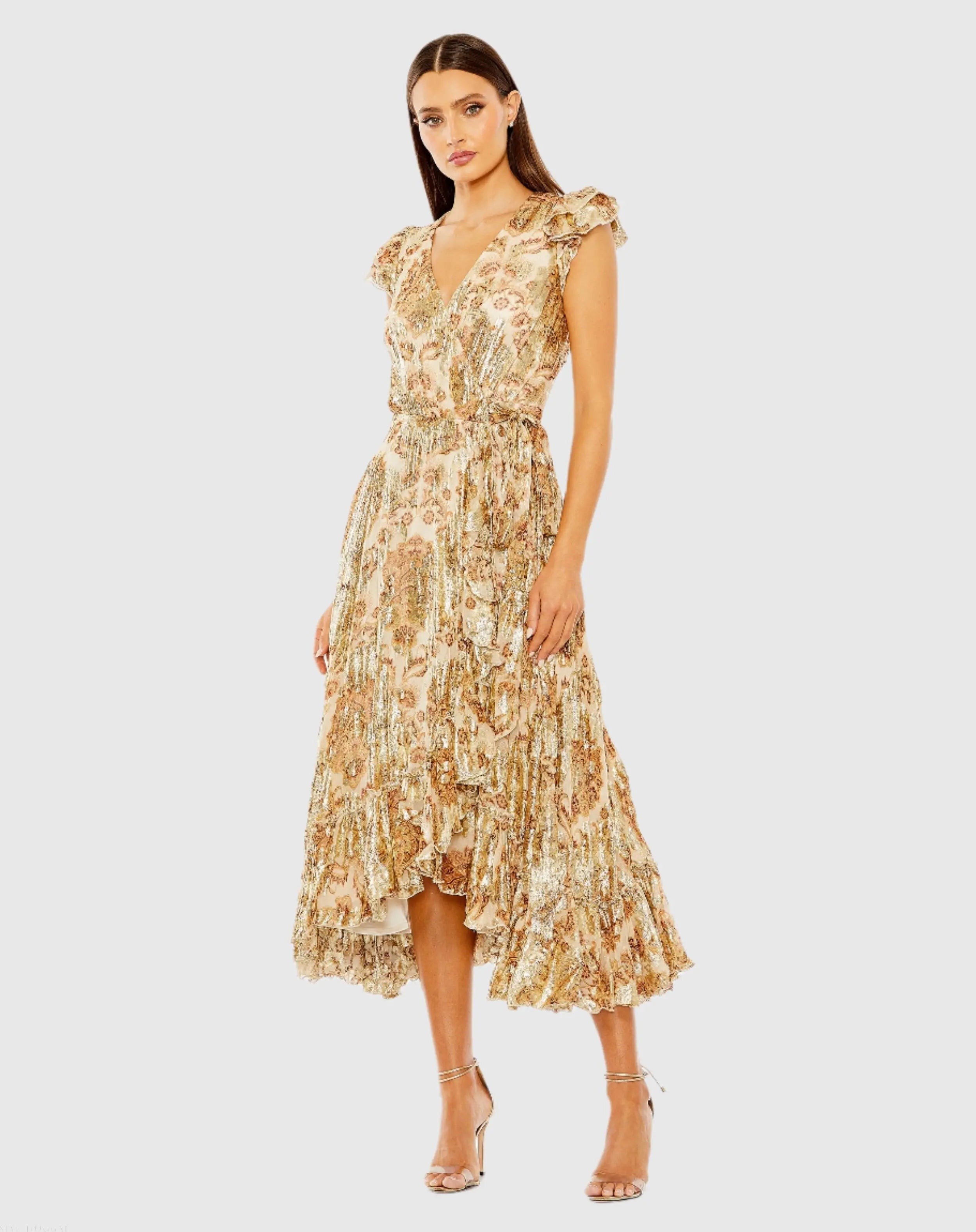 Beige Flutter Sleeve Floral Dress with Wrap Detail