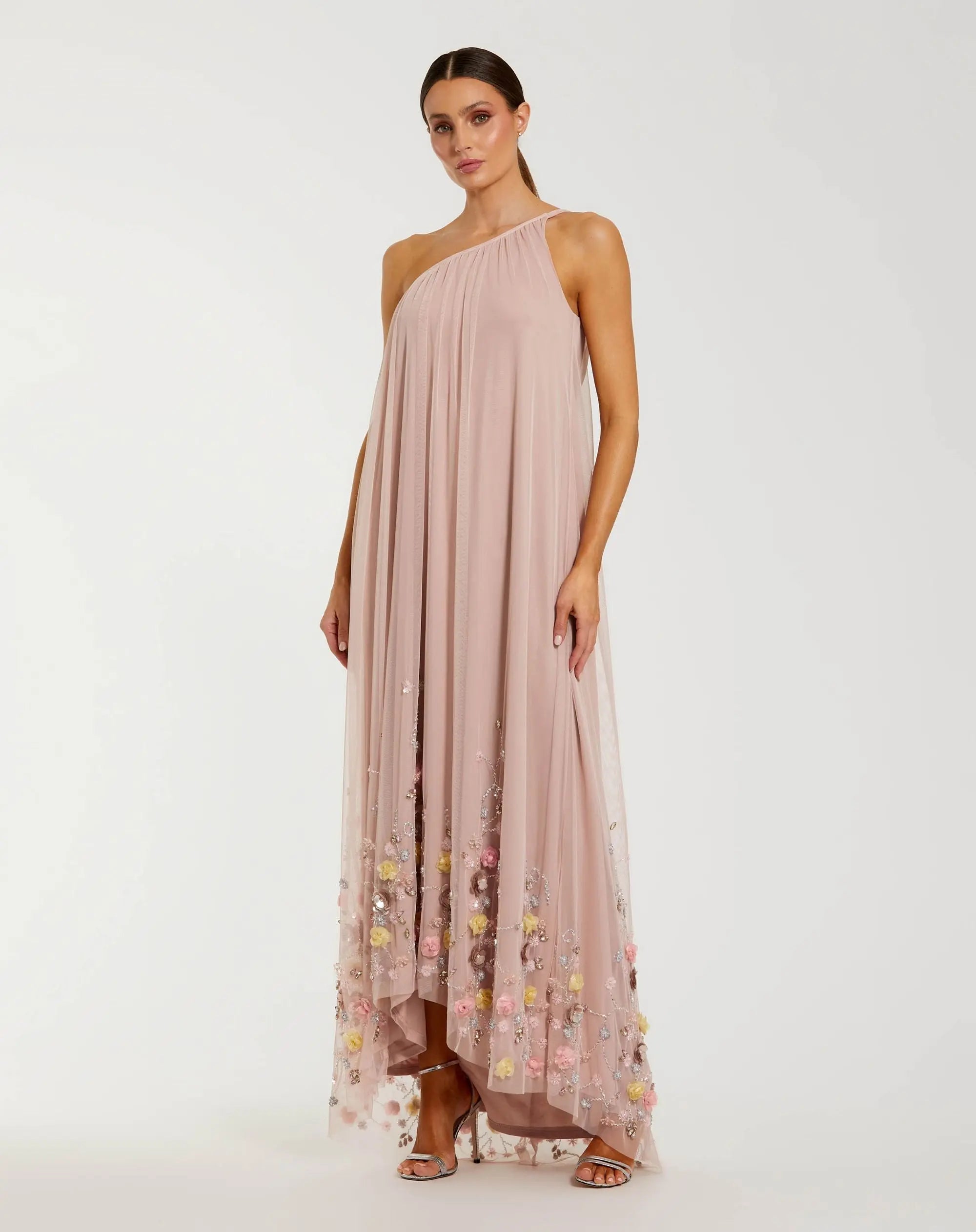 Pink One Shoulder High Low Embellished Trapeze Gown