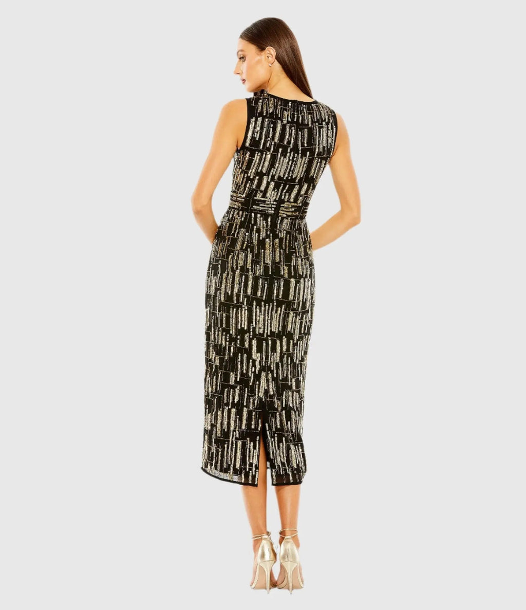 Black and Gold Abstract Beaded Sleeveless Midi Dress