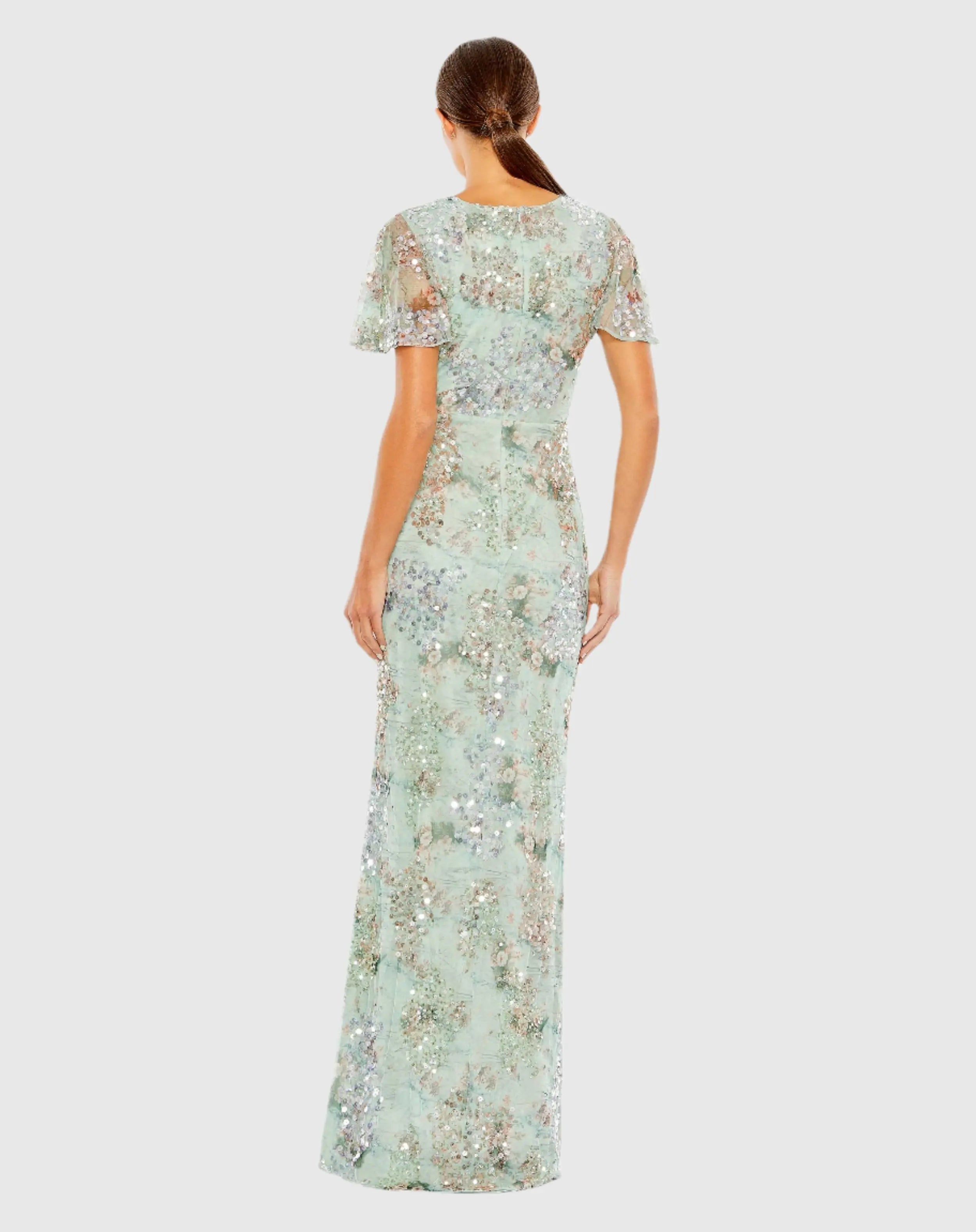 Green Flutter Sleeve Embellished Evening Gown
