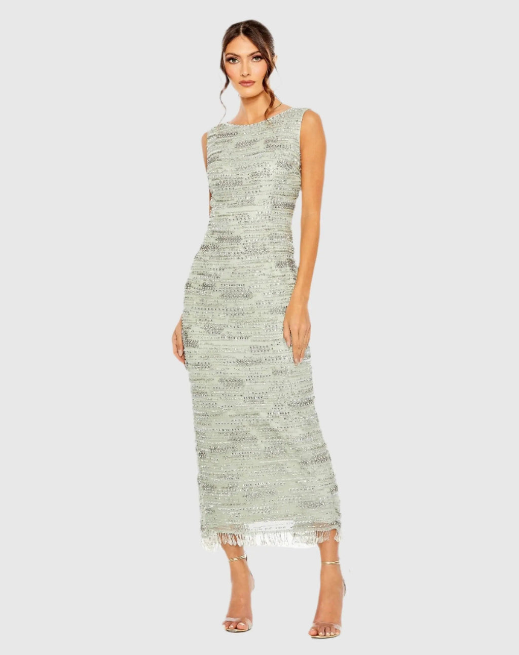Green Sleeveless Embellished Dress With Fringe Hem