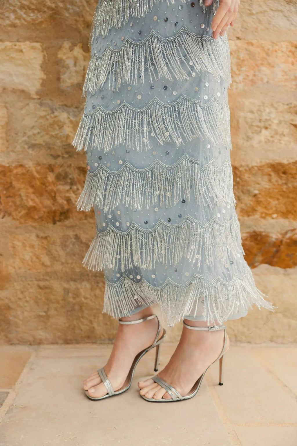 Blue Cap Sleeve Embellished Fringe Maxi Dress