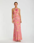 Pink Floral Beaded Halter Gown With 3D Flower