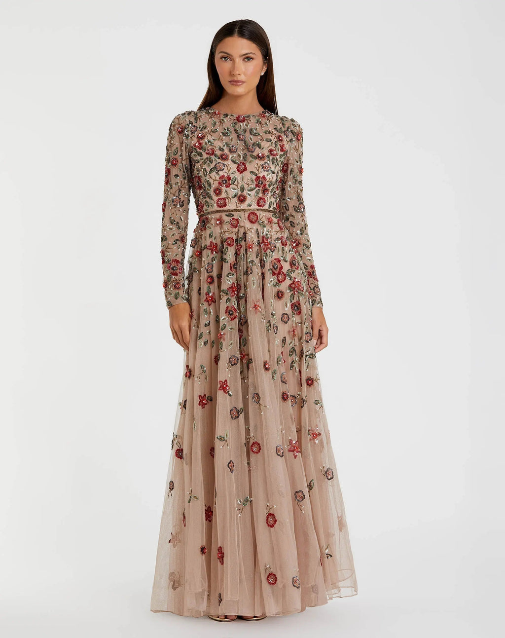 Petite Beige Embellished High Neck Long Sleeve A Line Gown