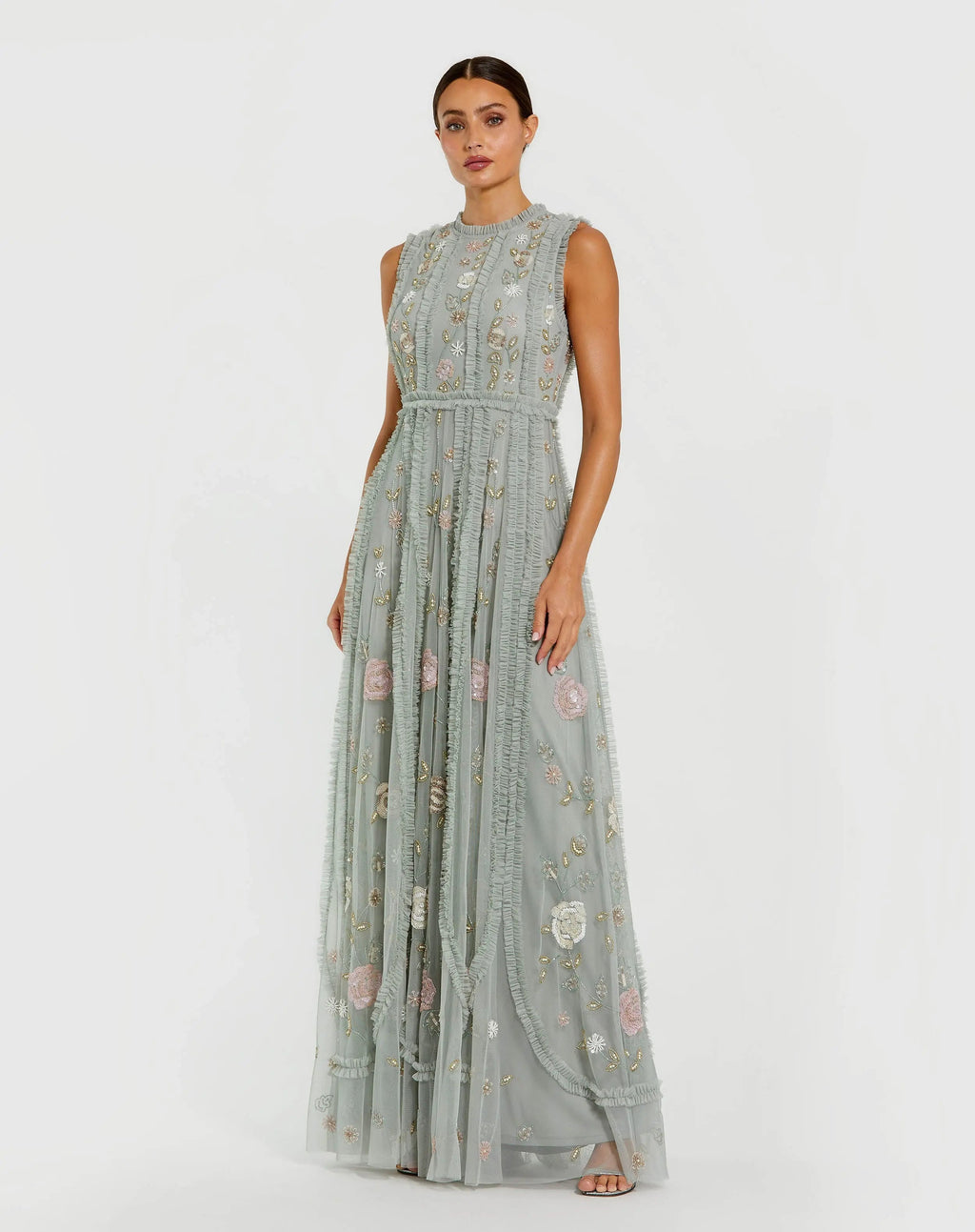 Petite Green Floral Mesh Sleeveless A Line Micro Ruffle Gown