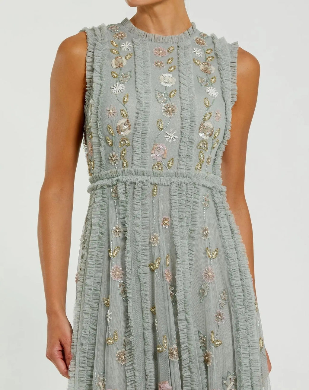 Petite Green Floral Mesh Sleeveless A Line Micro Ruffle Gown
